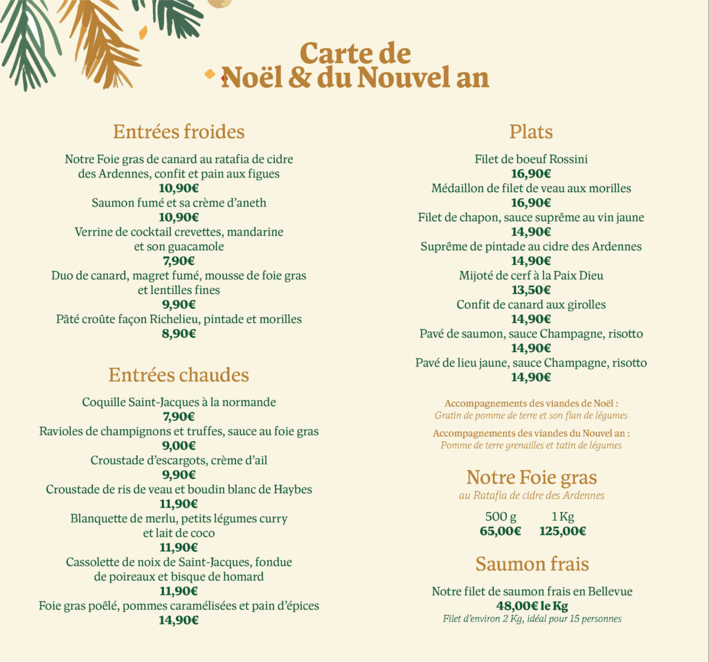 Carte de Noël et du Nouvel an 2026 : entrées froides et chaudes, plats, foie gras et saumon frais