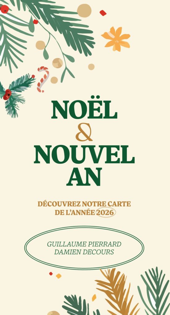 Couverture du dépliant Noël et Nouvel an 2026, traiteurs Guillaume Pierrard et Damien Decours